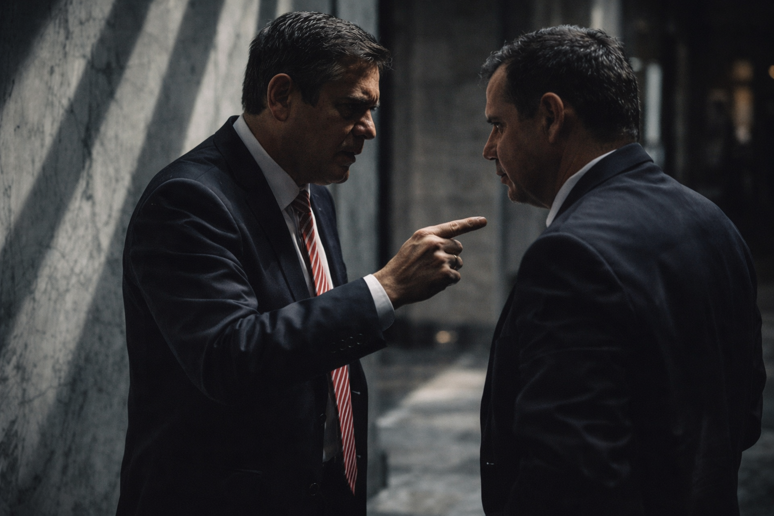 Políticos conversando en un pasillo elegante